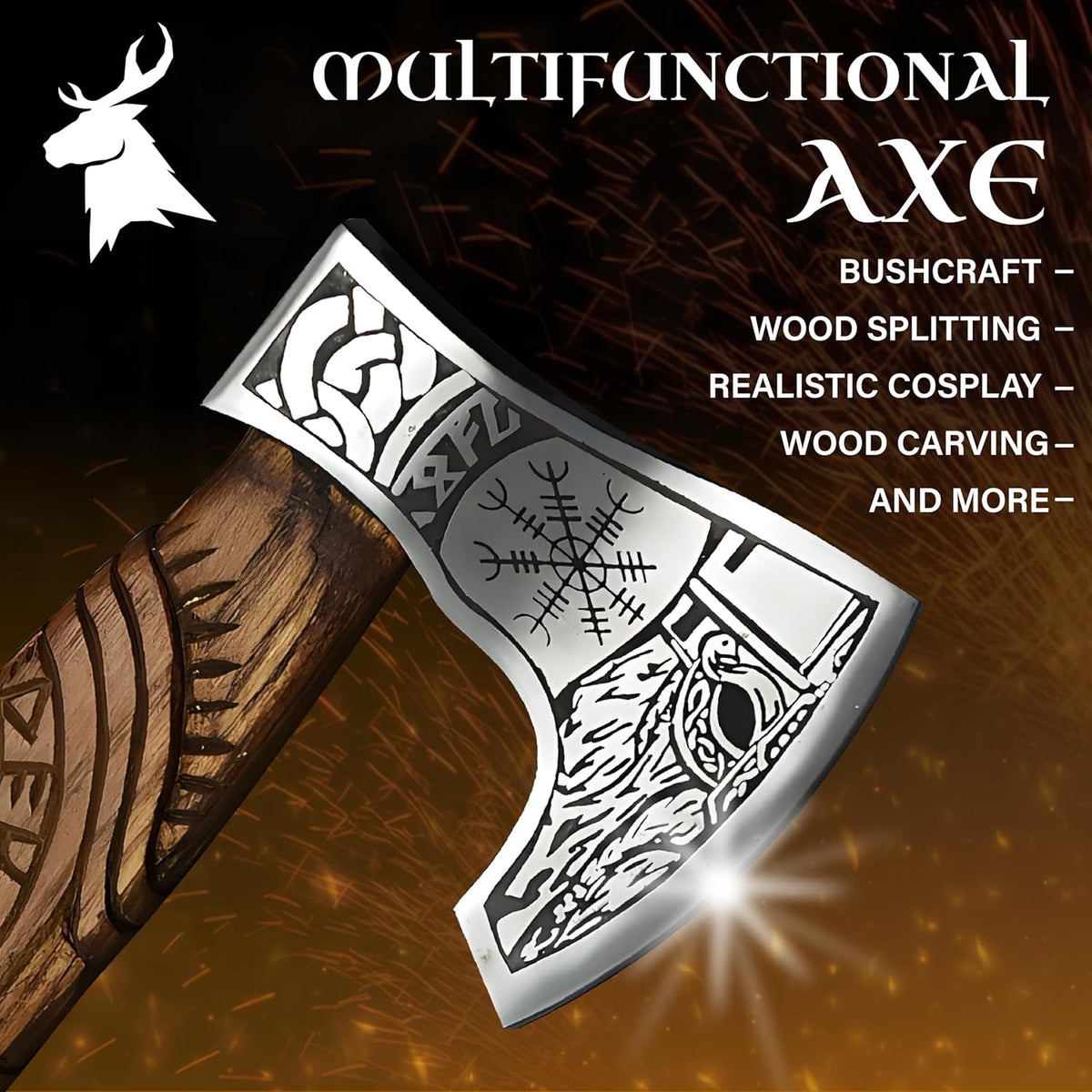 Viking Axe Forged High Carbon Steel Viking Axe | Balanced Ax | Odin Norse Bearded Axe | Camping Hatchet Axe | Sheath Included Handcrafted Ash Wood Shaft | Viking Gifts for Men