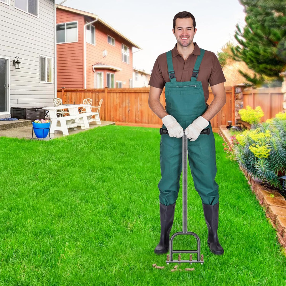 Dolibest Lawn Coring Aerator, Stainless Steel 4 Corer Plug Aerator Tool with Soft Rubber Grip, Manual Grass Aerating Tool, Garden Tool & Cleaning Hand Tool for Loosening Soil and Improving Lawn Health