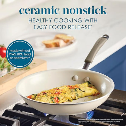 Rachael Ray Cucina Ceramic Cookware Set - 13 Pieces - Ceramic Pots and Pans Set w/Nonstick Frying Pans, Saute Pan, Saucepans, Stockpot, Lids, Pan Protectors & Cooking Utensils - Almond