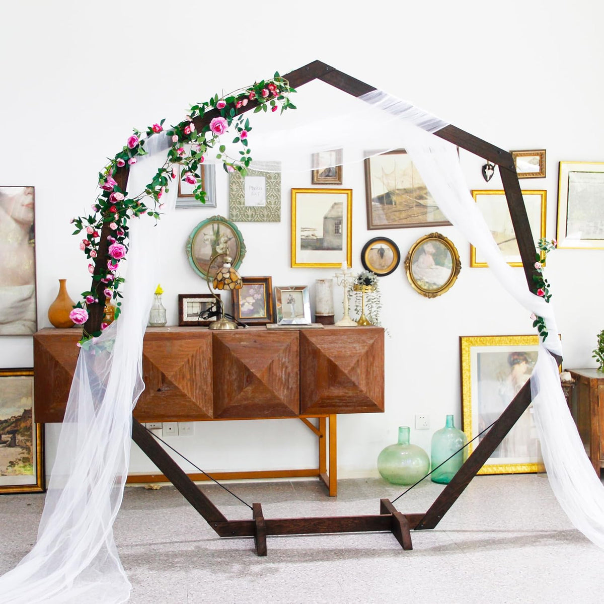 7FT Wedding Arch, Heptagonal Wood Arch for Wedding Ceremony, Arbor Backdrop Stand for Garden Parties, Indoor, Outdoor, Wooden Arbor Rustic Farmhouse Theme