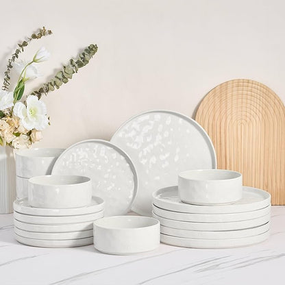 Herogo 18 Pieces Plates and Bowls Sets for 6, Stoneware Dinnerware Set for Kitchen, Ceramic Dinner Dishware, Dishwasher & Microwave Safe, Speckled White