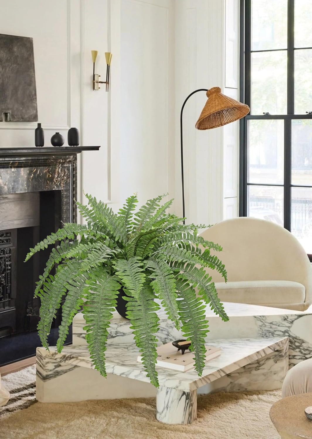 Artificial Fern Plants in Pot 34.6" Large Artificial Boston Fern 39 Leaves for Outdoors & Indoor Faux Potted Plant Fake Ferns Bush Plant for Patio Garden Farmhouse Porch Home Decor Dusty Green