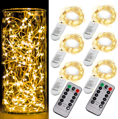 6 Pack Fairy Lights Battery Operated with Timer 2PCS Remote - 6.5ft 20LED Warm White Twinkle Lights Waterproof Silver Wire Fireflies Lights DIY Mason Jar Wedding Party Christmas Centerpiece Table Deco