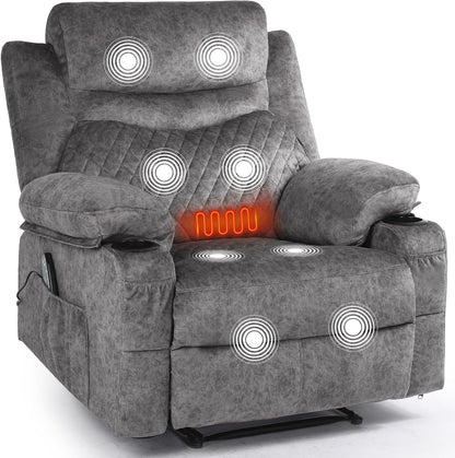 Overstuffed Massage Recliner Chair with Heat, Wide Seat Reclining Chair for Home Theater, Heated Massaging Manual Recliner Chairs with Cup Holders, Grey