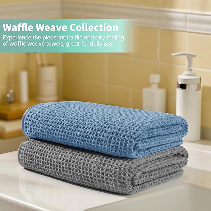 Microfiber Waffle Bath Towels, 4 Pieces, Soft, Absorbent, Fast Drying, Lint Free (Beige+Gray+Blue+White)