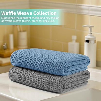 Microfiber Waffle Bath Towels, 4 Pieces, Soft, Absorbent, Fast Drying, Lint Free (Beige+Gray+Blue+White)