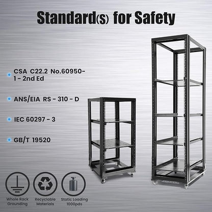 RAISING ELECTRONICS 27U 4 Post Open Frame Network Server Rack 19inch Width 600mm deep with 3 Pairs of L Rail
