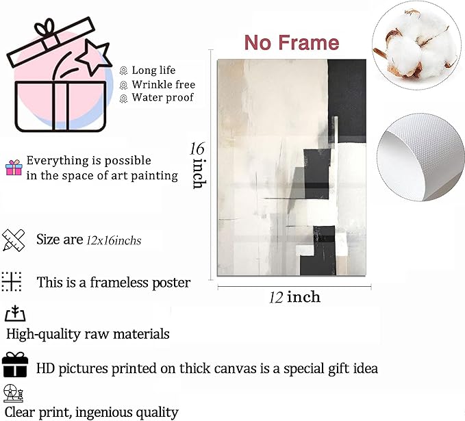 3Pcs Neutral Abstract Canvas Wall Art Pictures Modern Minimalist Posters Prints Beige Black Simple Wall Decoration for Living Room Bedroom Bathroom Office 12x16in Unframed