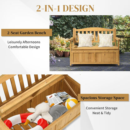 Outdoor Wooden Storage Bench, Large Deck Box with Seating & Armrest, Patio Organizer Loveseat for Garden Porch Backyard Poolside, Fir Wood