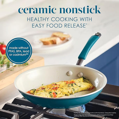 Rachael Ray Cucina Ceramic Cookware Set - 13 Pieces - Ceramic Pots and Pans Set w/Nonstick Frying Pans, Saute Pan, Saucepans, Stockpot, Lids, Pan Protectors & Cooking Utensils - Marine Blue