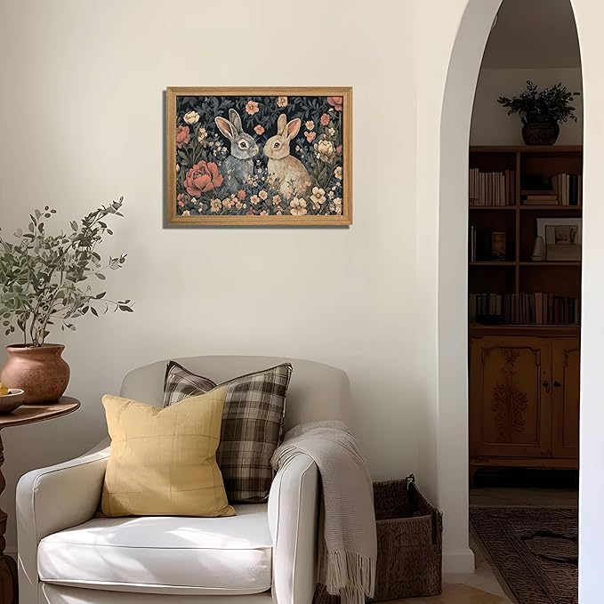 AKWISH Framed 3D Textured Vintage Wall Art - Dark Academia Easter Bunny Decor Hand Drawn Sandstone Paintings with Botanical Florals, Aesthetic Wall Decor for Living Room Bedroom Home 12x16 inch