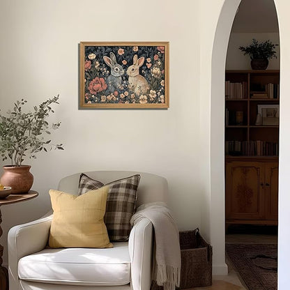 AKWISH Framed 3D Textured Vintage Wall Art - Dark Academia Easter Bunny Decor Hand Drawn Sandstone Paintings with Botanical Florals, Aesthetic Wall Decor for Living Room Bedroom Home 12x16 inch