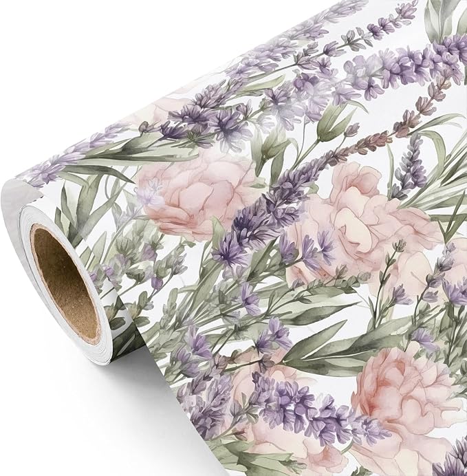 WRAPAHOLIC Floral Wrapping Paper Roll - Mini Roll - 17 Inch x 33 Feet - Lavender Flower Wrapping Paper, Perfect for Girls Women Birthday, Wedding, Bridal Shower