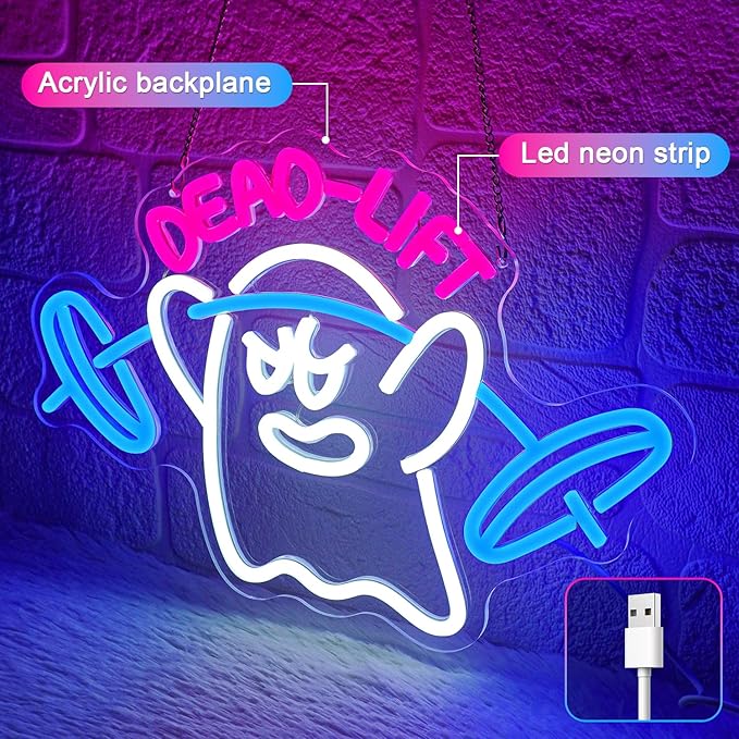 Dumbbell Neon Sign,Neon Signs for Wall Decor,Gym Neon Sign,Ghost Dead Lift Led Sign,Barbell Led Signs for Wall,USB Powered with Dimmable Switch Neon Lights for Bedroom,Gym Decor,Workout