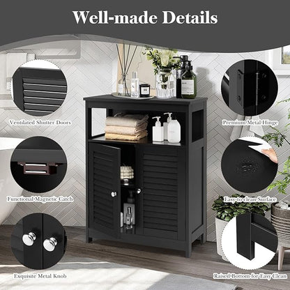 GLACER Bathroom Floor Cabinet, Wooden Storage Cabinet with Double Shutter Doors & 3-Position Adjustable Shelf, Side Storage Organizer, 23.5 x 12 x 31.5 inches (Black)
