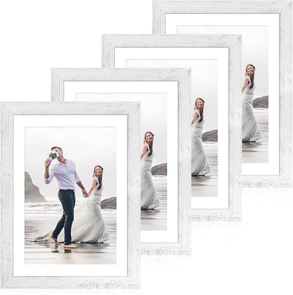 10x14 Picture Frame Set of 4 with Tempered Glass, Distressed White Frame Display 8x12 Picture with Mat or 10 x 14 Without Mat, Wood Rustic Photo Frames for Horizontal or Vertical Wall Mounting