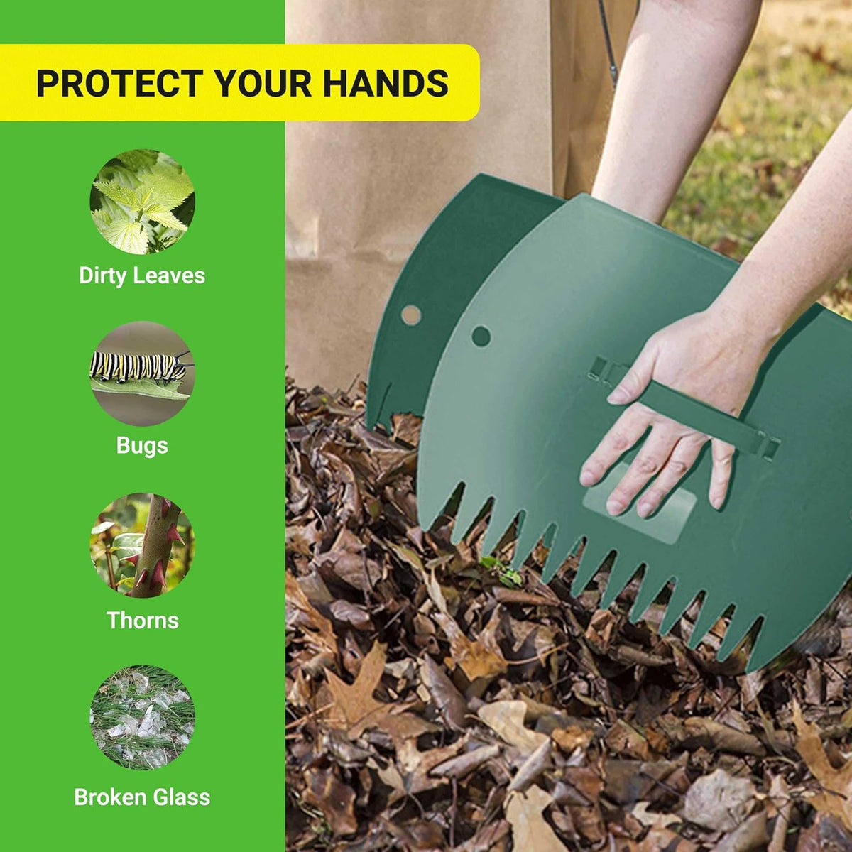 GardenHOME Leaf Scoops Hand Rakes, Large Leaf Grabbers for Yard Work and Garden Use, Clear and Collect Garden Rake, Leaf Scooper and Claws for Leaves, Lawn Debris, and Trash Cleanup, Green
