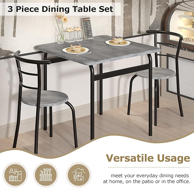 VECELO 3 Piece Dining Table & Chairs Set for 2, Metal and Wooden Square Kitchen Dinette Set for Small Space, Breakfast Nook, Saving Space, Grey