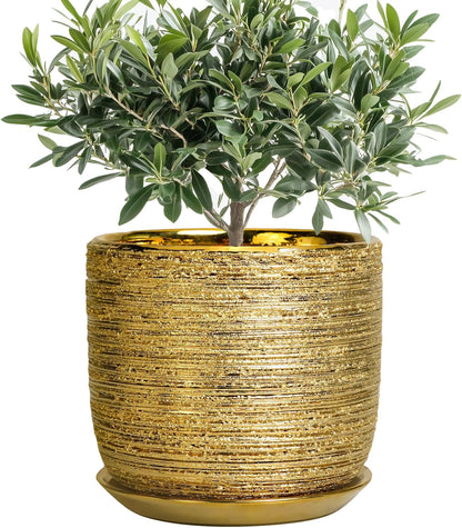 8 Inch Plant Pot - Ceramic Planter with Drainage Hole and Saucer, Modern Round Planter for Indoor Flowers, Gifts for Plant Lovers, Home House Office Room Decor, Gold
