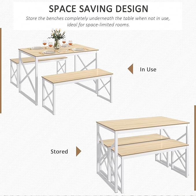 VECELO Kitchen Table with 2 Benches for 4, 43.3'' Wood Dining Room Dinette Sets with Metal Frame for Breakfast Nook and Small Space, Oak