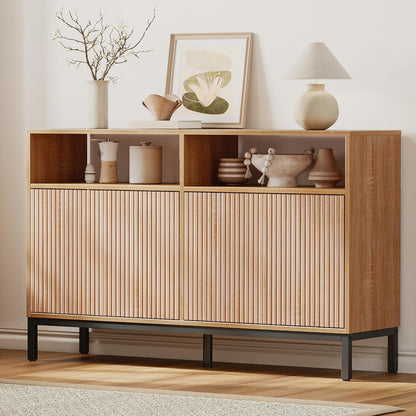 Mericonia Farmhouse Buffet Sideboard Cabinet with Storage, Fluted Coffee Bar with Doors and Adjustable Shelves, Modern Wood Console Cabinet for Kitchen, Livingroom (Fluted 4 Door, Natural)