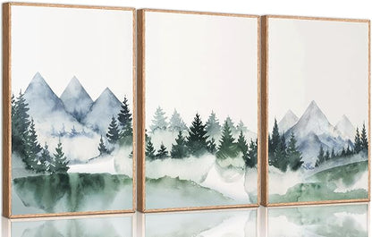 3 Pcs Modern Mountains Canvas Wall Art Green Watercolor Misty Pine Forest Nature Minimalism Abstract Landscape Painting Picture Wall Decor Poster Print Artwork for Living Room Bedroom Office Unframed