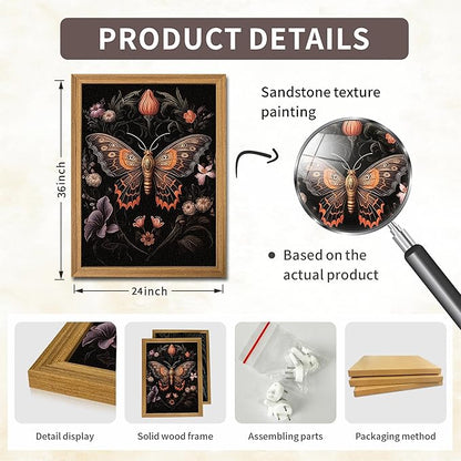 Framed Vintage 3D Textured Wall Art - Gothic Butterfly Wall Decor - Hand Drawn Sandstone Nature Botanical Pictures for Living Room Bedroom Home Decor 24x36in