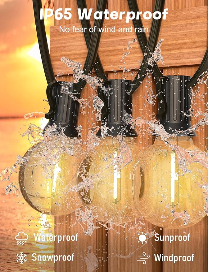 SUNSGNE G40 LED Globe Outdoor String Lights Waterproof Shatterproof, 25FT Outdoor Globe Lights with 25 LED Plastic Clear Light for Café Bistro Porch Pergola Tents Balcony Decor, Black Wire