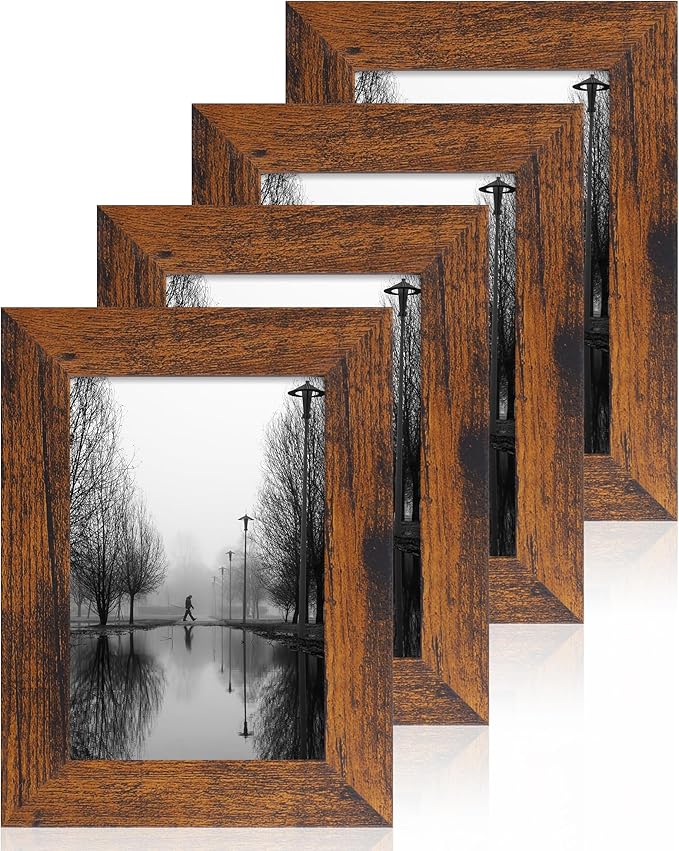 4x6 Picture Frame Set of 4, High Definition Glass 4 x 6 Frame, Wood Rustic Photo Frames for Horizontal or Vertical Display Tabletop and Wall Mounting