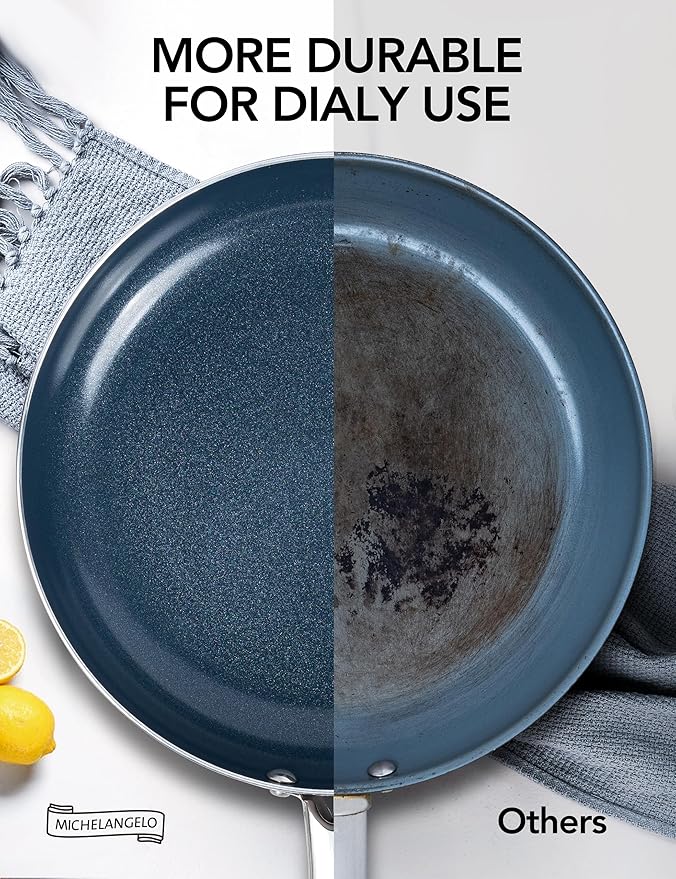 MICHELANGELO 10 Inch Frying Pan with Lid, Blue Frying Pan with Nonstick Diamond Infused Coating, Nonstick Frying Pans, Diamond Fry Pan Blue