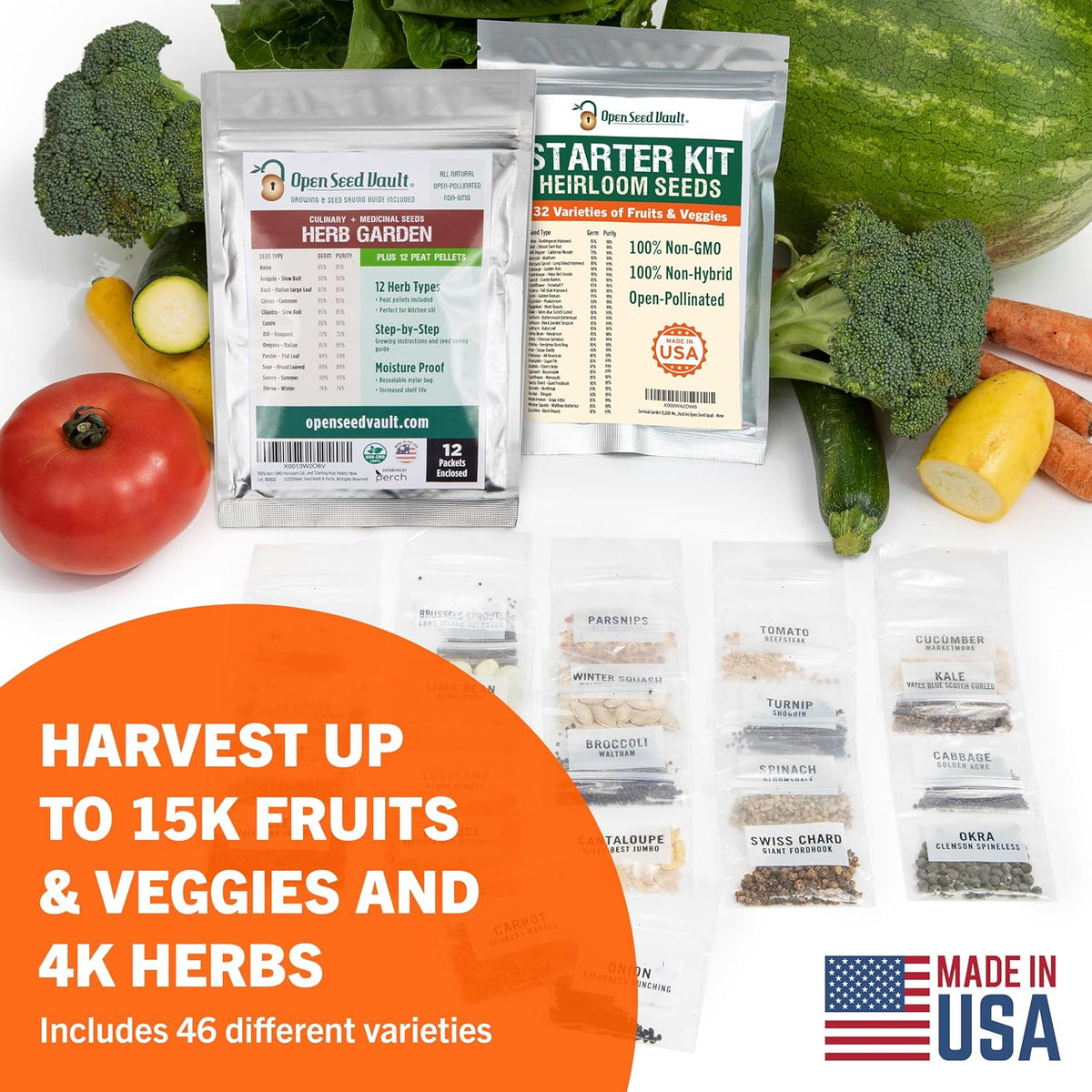 Open Seed Vault Variety Pack Bundle (44 Varieties) Herb Garden Seeds - Gardening Seed Starter Kit, Survival Gear Food, Gardening Gifts, Emergency Supplies - Premium, High Yield Produce