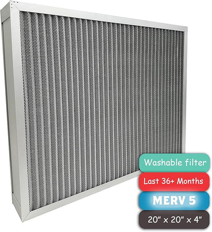 Washable Air Filter(20" x 20" x 4" MERV 5), Aluminum Electrostatic Air Filter for Furnace and Central Air Conditioner (Actual Size: 19.7" x 19.7" x 3.6")