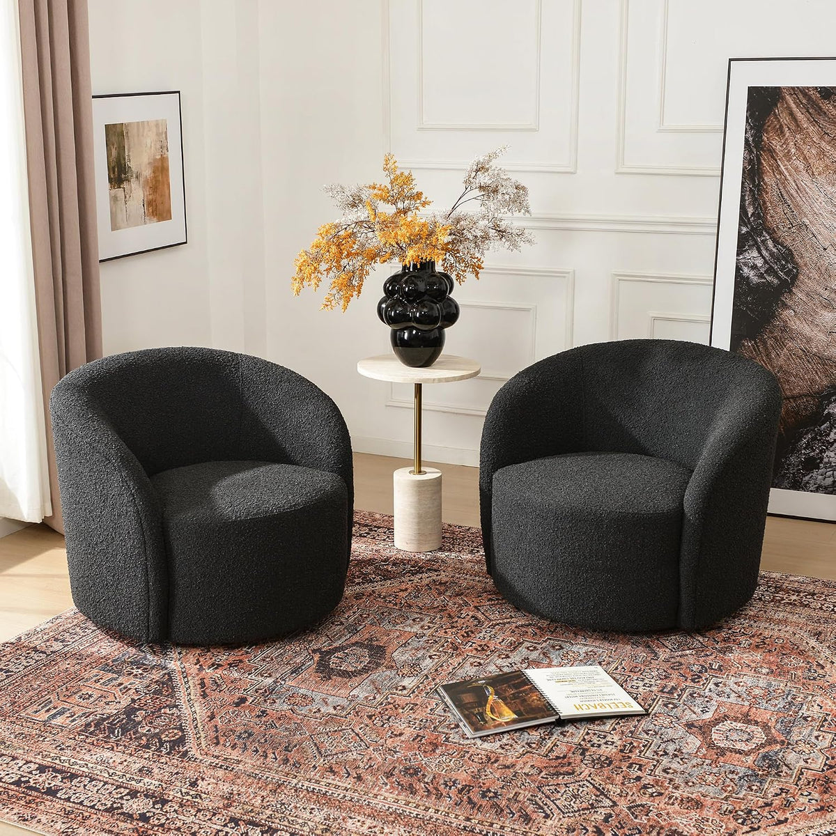 KINWELL 34" W Swivel Barrel Chair Set of 2, Mid Century Modern Round Upholstered Boucle Swivel Accent Chairs, No Assembly Sofa Chair for Living Room Bedroom Reading, Black