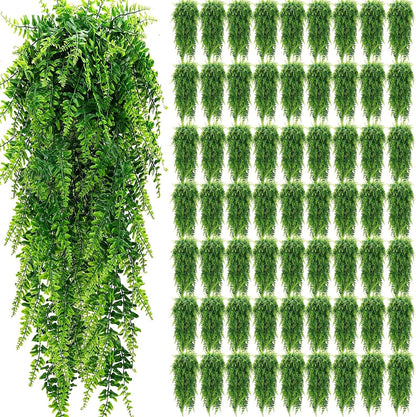 Geosar 64 Pcs Artificial Hanging Plants 32 Inch Hanging Boston Ferns Plastic Fake Plants for Wall Room Garden Wedding Garland Indoor Outdoor Decoration, No Basket