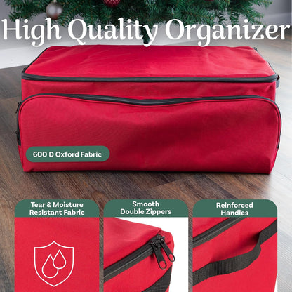 Christmas Ornament Storage Box - Christmas Ornament Organizer Storage Box with 3 Trays, Adjustable Grids, and Large Front Zipper Pocket - Fits up to 72 Bulbs and Decorations by Elf Stor (Red)