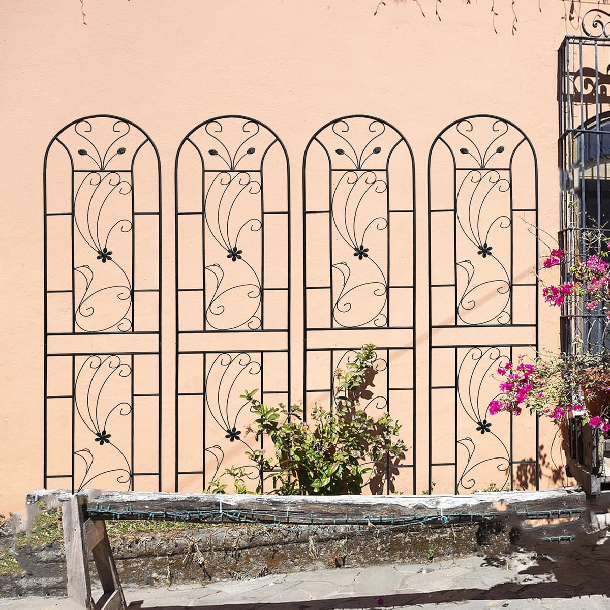 Metal Garden Trellis Rustproof Trellis for Climbing Plants Outdoor Flower Support Peacock Style (Black-4 Pack, 86.7"x19.7")