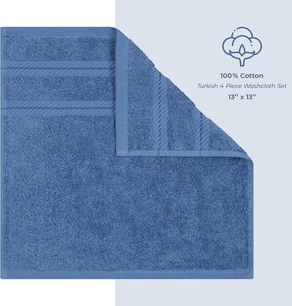 American Soft Linen Luxury Washcloths for Bathroom, 600 GSM 100% Cotton 4 Piece Turkish Wash Cloth Set, 13x13 in Soft Rags for Body and Face, Electric Blue Washcloths