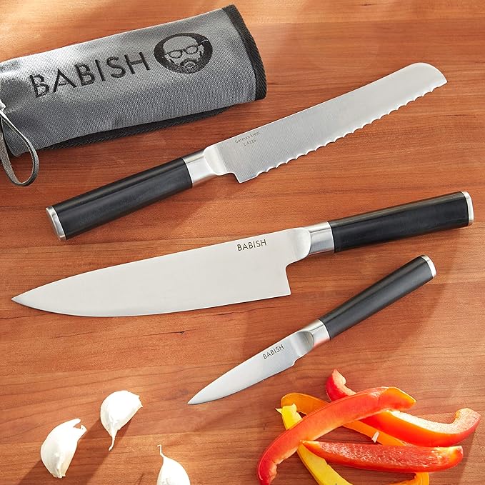 Babish German High-Carbon 1.4116 Steel Cutlery Knife Set, 3-Piece (Chef, Bread, & Pairing Knive) w/Kitchen Knives Roll