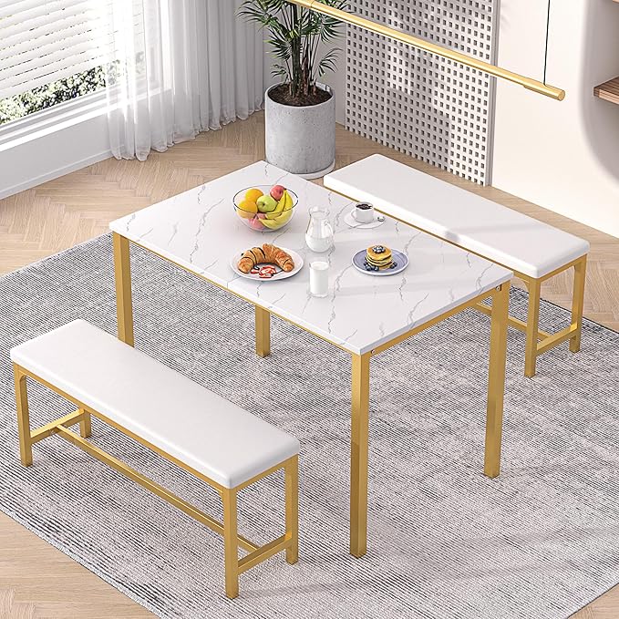 VECELO 3-Piece 63" Extendable Kitchen Table with Benches/Chairs, Modern Breakfast Dinette/Dining Room Set for 4/6/2, Small Space Saving Design, Easy Assembly