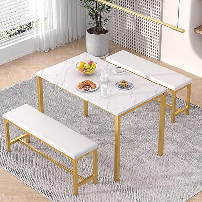 VECELO 3-Piece 63" Extendable Kitchen Table with Benches/Chairs, Modern Breakfast Dinette/Dining Room Set for 4/6/2, Small Space Saving Design, Easy Assembly
