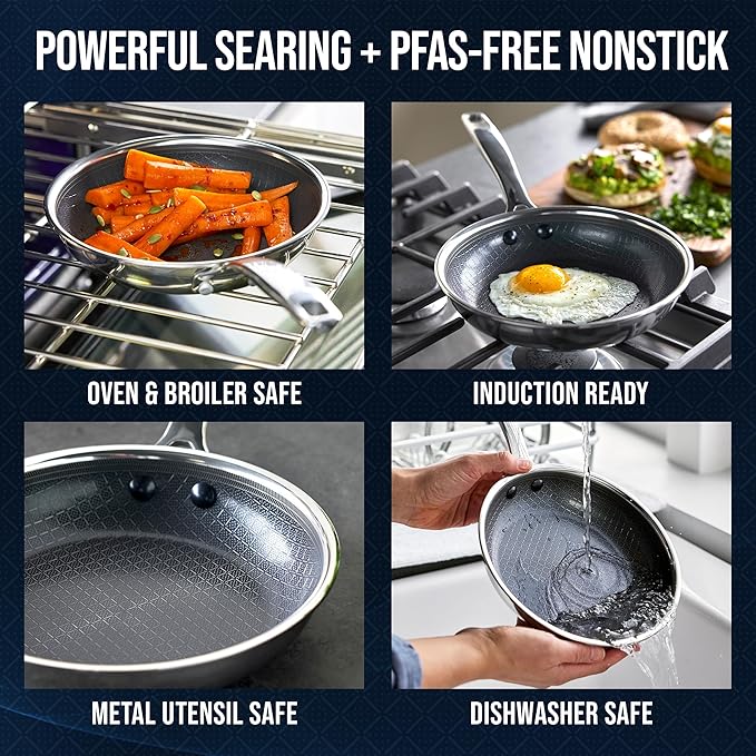 Blue Diamond Hybrid Nonstick Stainless Steel 8” Frying Pan, PFAS-Free Ceramic Skillet, Diamond Bond Powerful Searing, Dishwasher & Metal Utensil Safe, Stay-Cool Handle, Induction Ready, All Cooktops