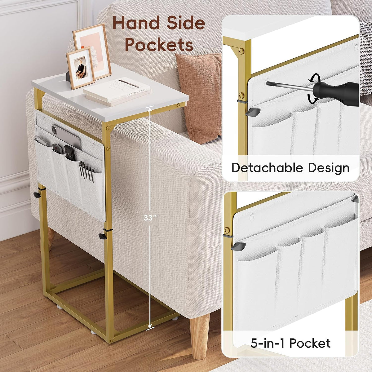 Vagusicc C Shaped End Table, 33'' Tall Side Table for Couch, Adjustable Height Small Couch Side Table for Small Spaces, C Table End Table Slide Under Sofa Table TV Tray Arm Table for Living Room
