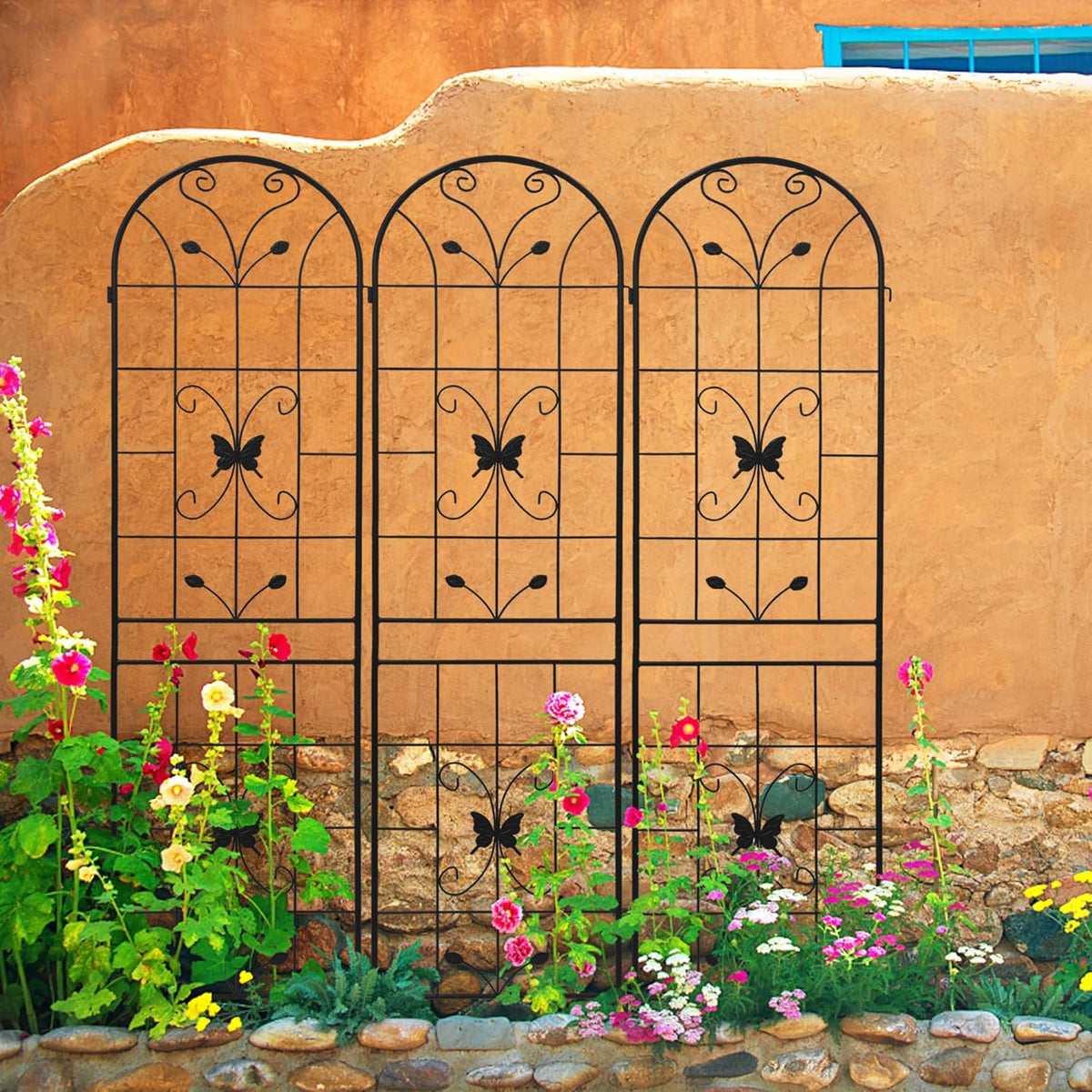 4 Pack Metal Garden Trellis 86.7" Black Fence Rustproof Garden Trellis for Climbing Plants Support Roses Flower Outdoor Lawn, Black
