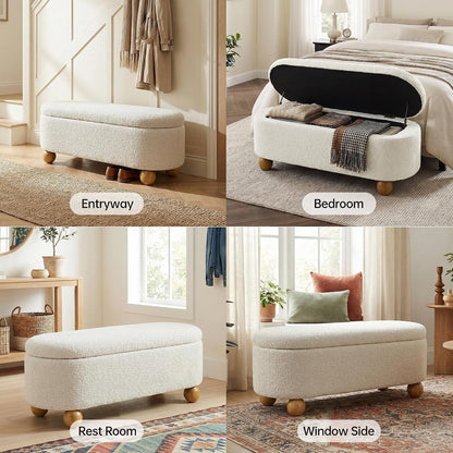 VKNOW 44.8" Storage Ottoman Bench End of Bed Bench with Hinge, Beige | Cute Spherical Solid Wood Stool Legs, Comfortable Fabric, No Assembly, Bedroom Living Room Entryway Dressing Areas