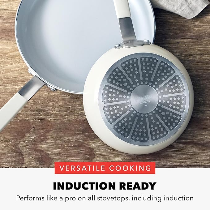 GreenPan x Bobby Flay 2 Piece- 8” and 10” Nonstick Frying Pan Skillet Set, PFAS-Free Diamond Ceramic, Induction Suitable, Stay-Cool Silicone Handle, Easy Clean Dishwasher & Oven Safe, Cream