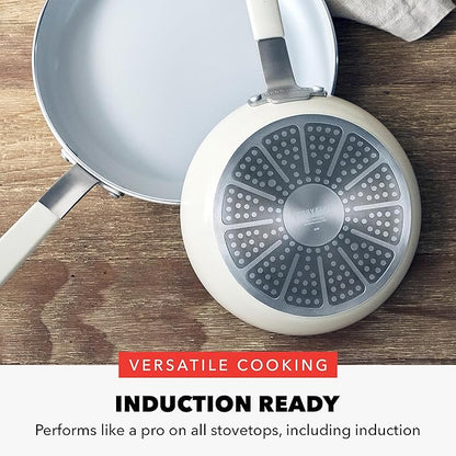 GreenPan x Bobby Flay 2 Piece- 8” and 10” Nonstick Frying Pan Skillet Set, PFAS-Free Diamond Ceramic, Induction Suitable, Stay-Cool Silicone Handle, Easy Clean Dishwasher & Oven Safe, Cream