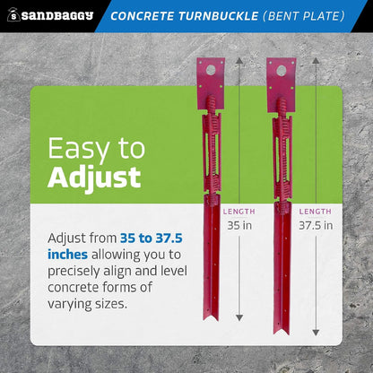 Sandbaggy Concrete Turnbuckle Form Aligner with 5" x 3" Bent Plate (35" - 37.5" Length) - Rust Resistant Steel - Adjustable Wall Brace - Aligns & Plumbs Form Walls, Columns, or Beams (35 inches, 4)