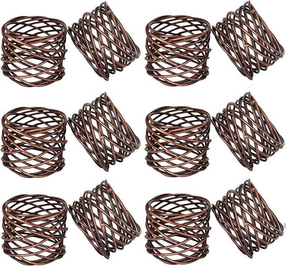 Handmade Copper Antique Round Mesh Napkin Rings Holder for Dinning Table Parties Everyday, Set of 12