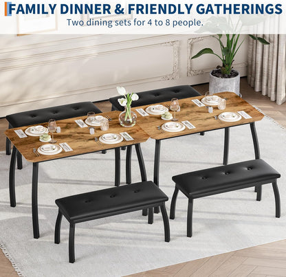 Dining Table for 4, 3-Piece Kitchen Table Set for 4 with Wooden Tabletop and Metal Frame, Industrial Kitchen Table with 2 PU Leather Benches for Bar, Dining Room, Restaurant(43''x28''x30''), Retro