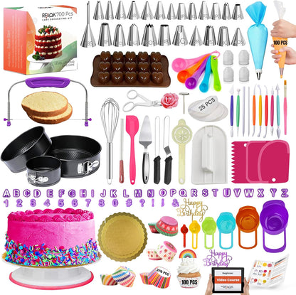 RFAQK 700 PCs Cake Decorating Kit with Baking Supplies Cake Decoration Set including Springform Pans, Cake Turntable, Numbered Piping Tips, Icing Spatulas, Fondant tools & much more (700Pcs)